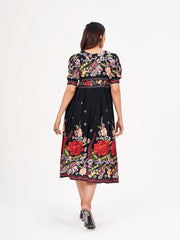Floral Black Maxi Dress: Viscose, Short Puff Sleeves & V-Neckline