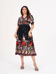Floral Black Maxi Dress: Viscose, Short Puff Sleeves & V-Neckline