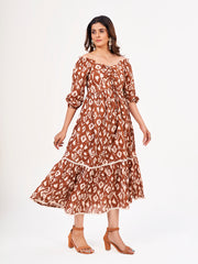 Sienna Brown Maxi Dress: Ikkat Print, Sweetheart Neck & Three-Quarter Sleeves