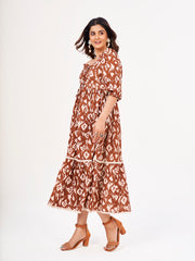 Sienna Brown Maxi Dress: Ikkat Print, Sweetheart Neck & Three-Quarter Sleeves