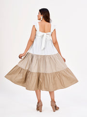 White, Brown & Light Brown Maxi Dress: Cotton, Square Neckline, Frilled Sleeves