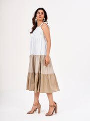 White, Brown & Light Brown Maxi Dress: Cotton, Square Neckline, Frilled Sleeves