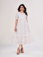 Ice White Mini Floral Maxi Dress: Cotton, Short Puff Sleeves, Square Neckline