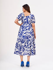 Blue Maxi Dress: Abstract Print, Asymmetrical Neckline & Short Puff Sleeves