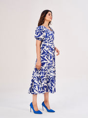 Blue Maxi Dress: Abstract Print, Asymmetrical Neckline & Short Puff Sleeves