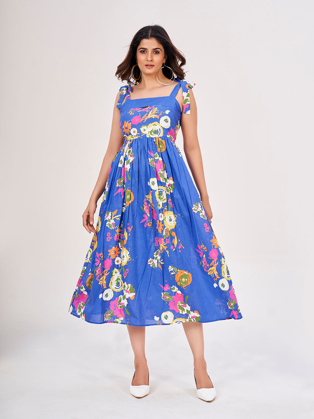 Royal Blue Floral Maxi Dress: Viscose, Shoulder Straps & Square Neckline