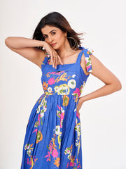 Royal Blue Floral Maxi Dress: Viscose, Shoulder Straps & Square Neckline