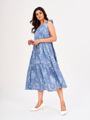 Baby Blue Maxi Dress: Floral Motifs Cotton Fabric, Square Neck & Frilled Sleeves