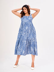 Baby Blue Maxi Dress: Floral Motifs Cotton Fabric, Square Neck & Frilled Sleeves