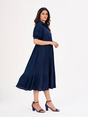 Blue Maxi Dress: Collar Neck, Crushed Cotton & Short Puff Sleeves