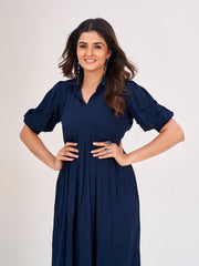 Blue Maxi Dress: Collar Neck, Crushed Cotton & Short Puff Sleeves