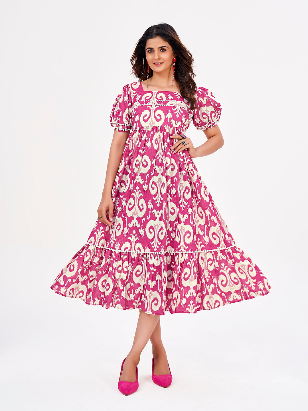 Deep Pink Maxi Dress: Ikkat Print, Square Neckline, Short Puff Sleeves with Lace