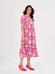 Deep Pink Maxi Dress: Ikkat Print, Square Neckline, Short Puff Sleeves with Lace
