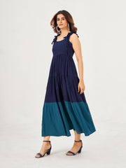 Two Tone Blue Maxi Dress: Crushed Cotton, Sleeveless & Square Neck