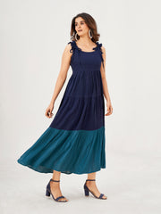 Two Tone Blue Maxi Dress: Crushed Cotton, Sleeveless & Square Neck