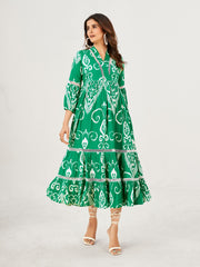 Sea Green Maxi Dress: Viscose, Ikkat Print, V-Neck & 3/4 Puff Sleeves
