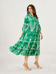 Sea Green Maxi Dress: Viscose, Ikkat Print, V-Neck & 3/4 Puff Sleeves